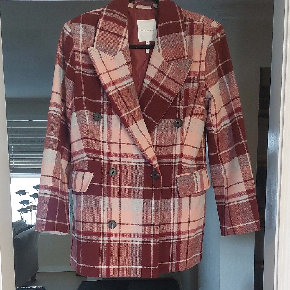 Avec Les Filles Burgundy and Pink Plaid Blazer - Size M